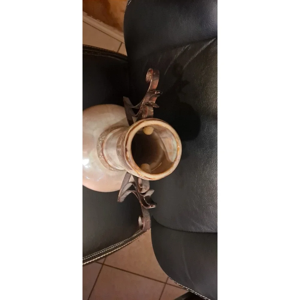 Beautiful Ceramic Vase‎ With Metal Side Handles 13.25